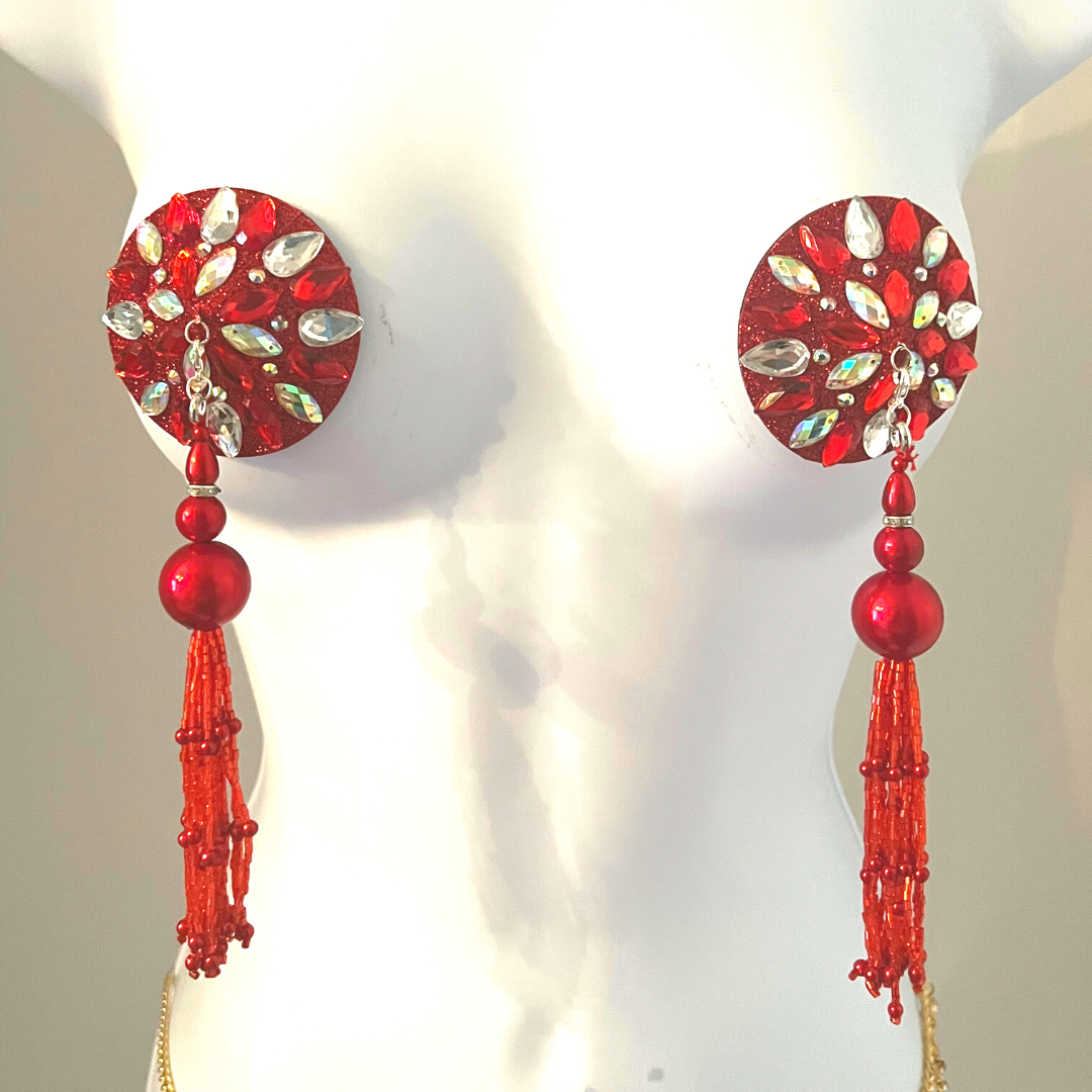 CHERRY BOMB Red Glitter & Gem Nipple Pasties, Covers with Hand Beaded Tassels (2pcs) for Burlesque Lingerie Raves and Festivals