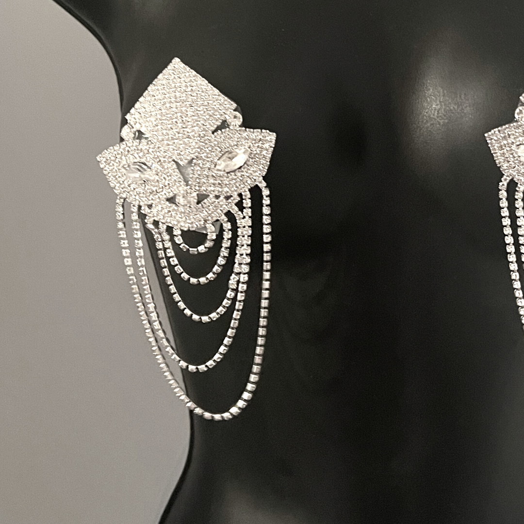 SCARLETT JAMES Pasties de pezón de diamantes de imitación con borlas de diamantes de imitación 2 piezas, fundas para festivales, lencería burlesca de raves de carnaval