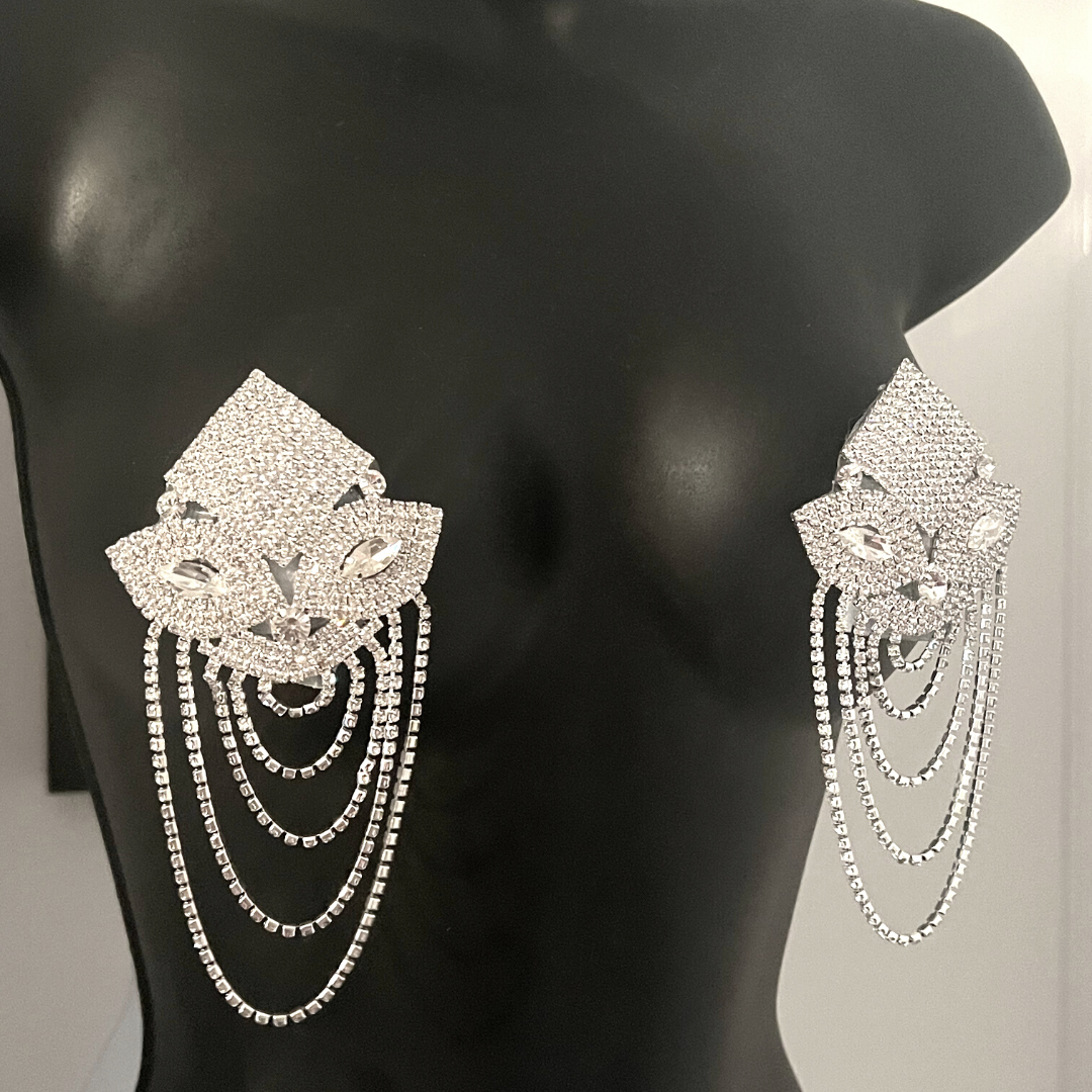 SCARLETT JAMES Pasties de pezón de diamantes de imitación con borlas de diamantes de imitación 2 piezas, fundas para festivales, lencería burlesca de raves de carnaval