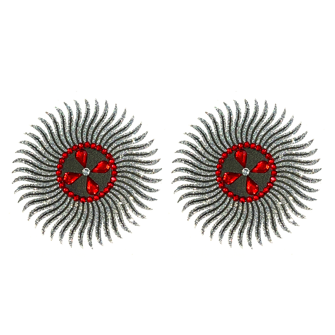 CASINO ROYALE Starburst Silver, Black and Red Nipple Pasty, Covers (2pcs)for Festivals, Carnival Raves Burlesque Lingerie