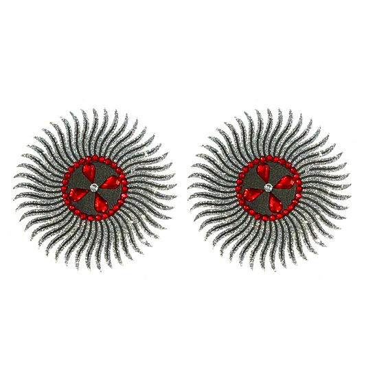CASINO ROYALE Starburst Silver, Black and Red Nipple Pasty, Covers (2pcs)for Festivals, Carnival Raves Burlesque Lingerie