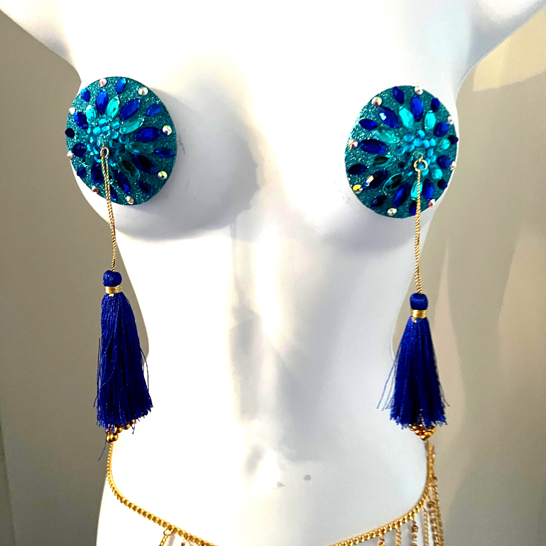 BLUE BY-YOU Pasta para pezones Aqua y azul, cubierta para pezones (2 piezas) con borlas de cuentas azules y doradas para lencería Carnaval Burlesque Rave