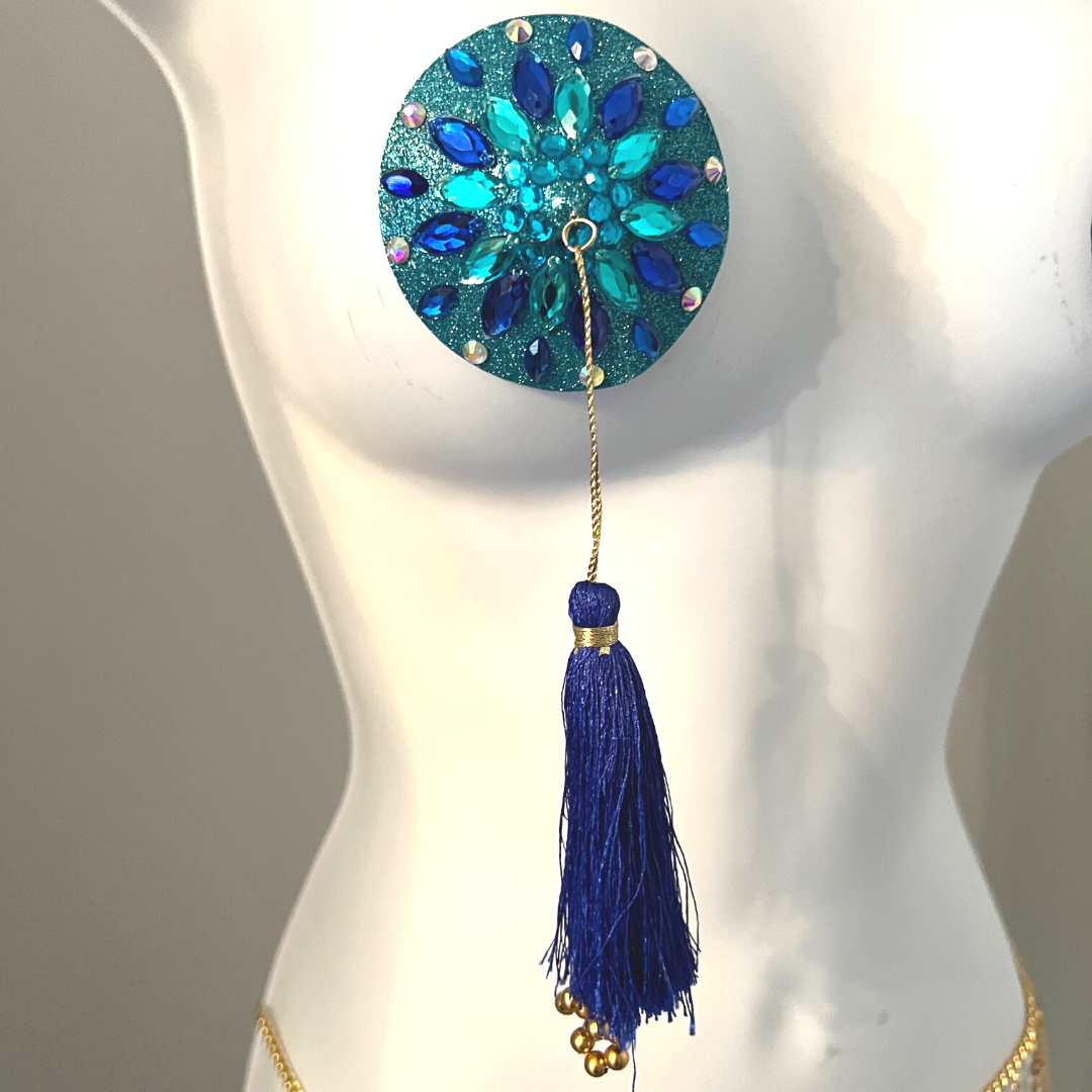 BLUE BY-YOU Aqua et Blue Nipple Pasty, Nipple Cover (2pcs) avec glands perlés bleus et dorés pour lingerie Carnival Burlesque Rave