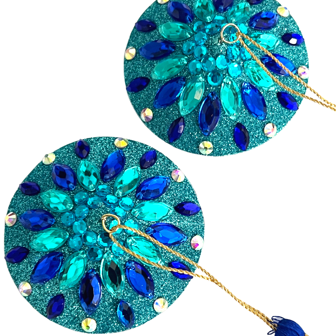 BLUE BY-YOU Aqua and Blue Nipple Pasty, Nipple Cover (2pcs) with Blue and Gold Beaded Tassels for Lingerie Carnival Burlesque Rave