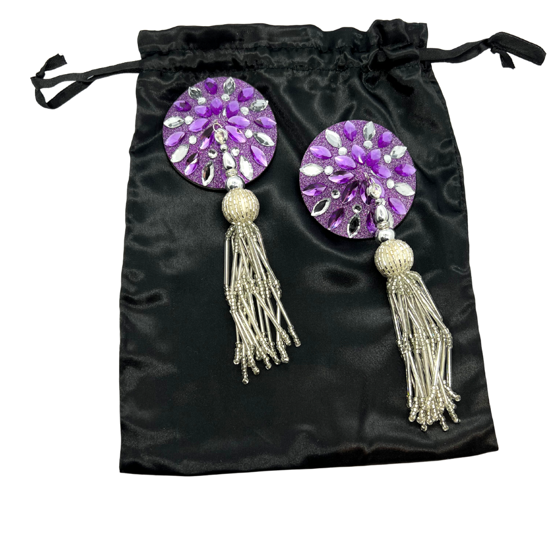 APHRODITE Purple Glitter & Gem Nipple Pasties, Covers With Beaded Tassels for Lingerie Burlesque Rave or Carnival