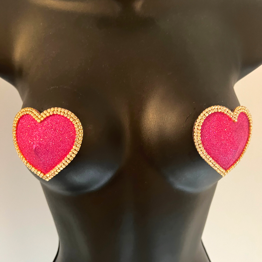 MON CHERIE Red, Pink, Green or Blue Glitter Heart and Rhinestone Nipple Pasty, Covers (2pcs) for Burlesque Lingerie Raves and Festivals