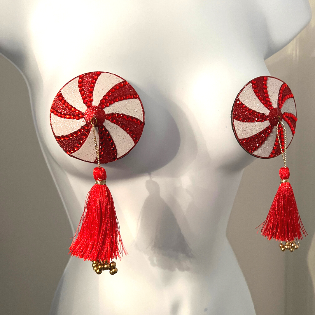KANDI KANE Red & White Holiday Candy Nipple Pasties, Covers with Hand Beaded Tassels (2pcs) for Burlesque Raves Lingerie Raves and Festivals