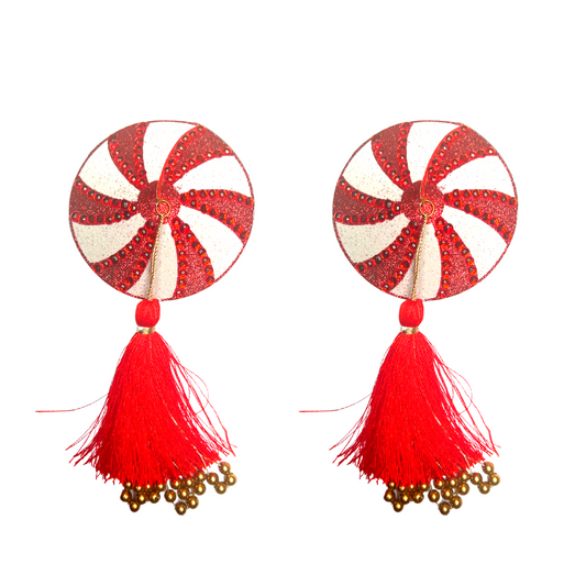 KANDI KANE Pasties de pezón de caramelo navideño rojo y blanco, cubiertas con borlas con cuentas a mano (2 piezas) para raves y festivales de lencería burlesca Raves