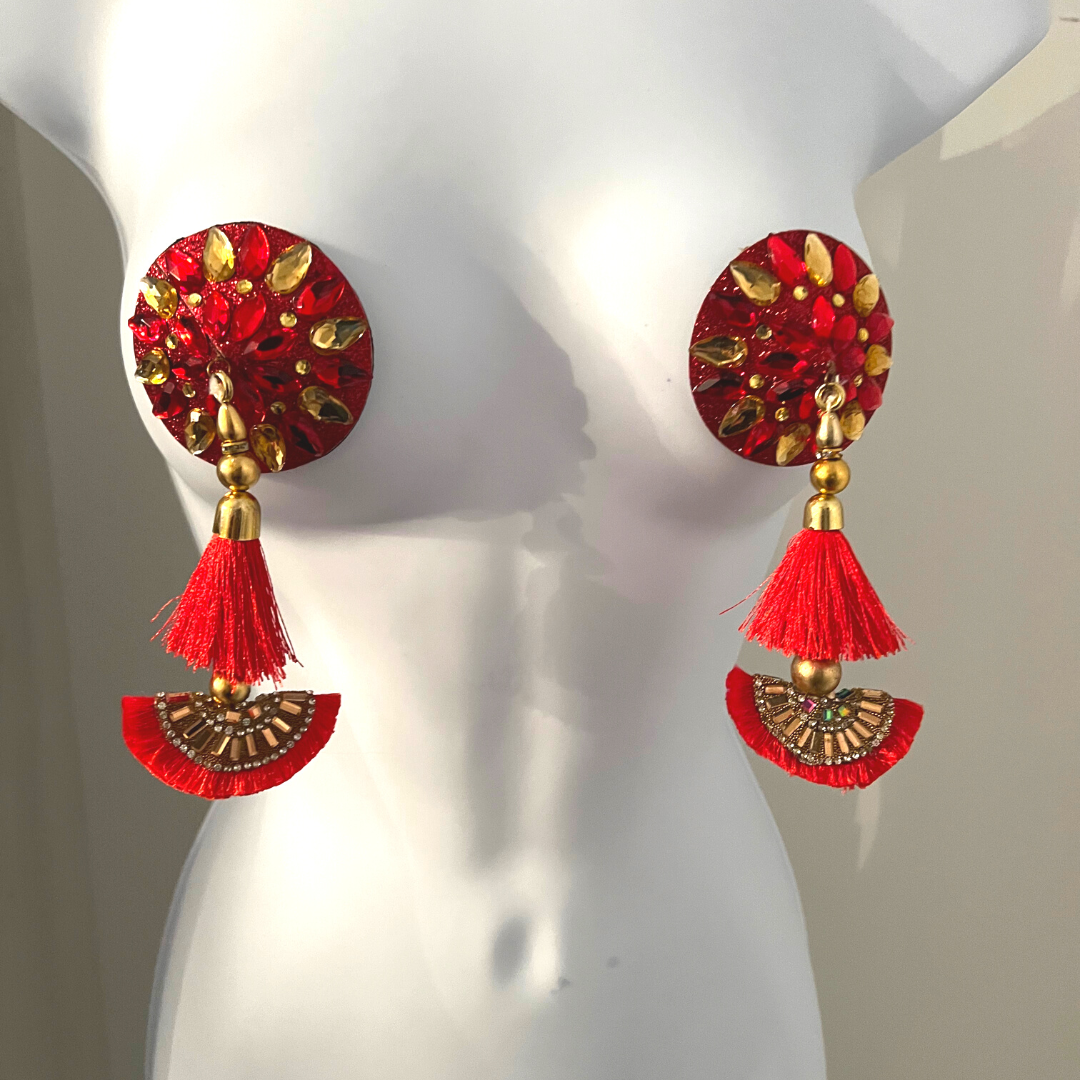 LUNA ROSA Cache-tétons complexes rouges et dorés avec de superbes pompons (2 pièces) pour les raves burlesques, les raves et les festivals de lingerie