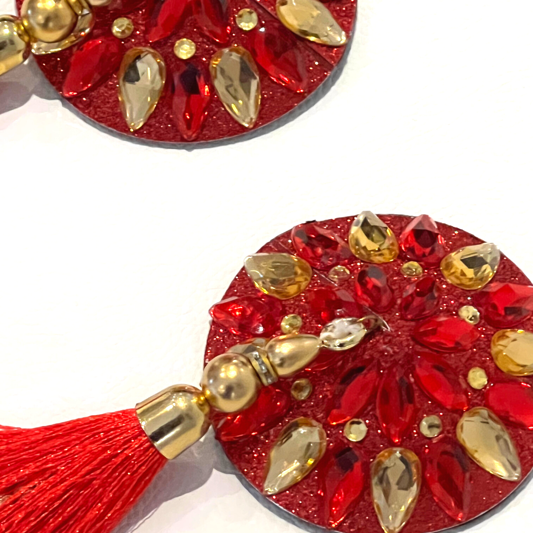 LUNA ROSA Red & Gold Intricate Nipple Pasties Covers with Stunning Tassels (2pcs) for Burlesque Raves Lingerie Raves and Festivals