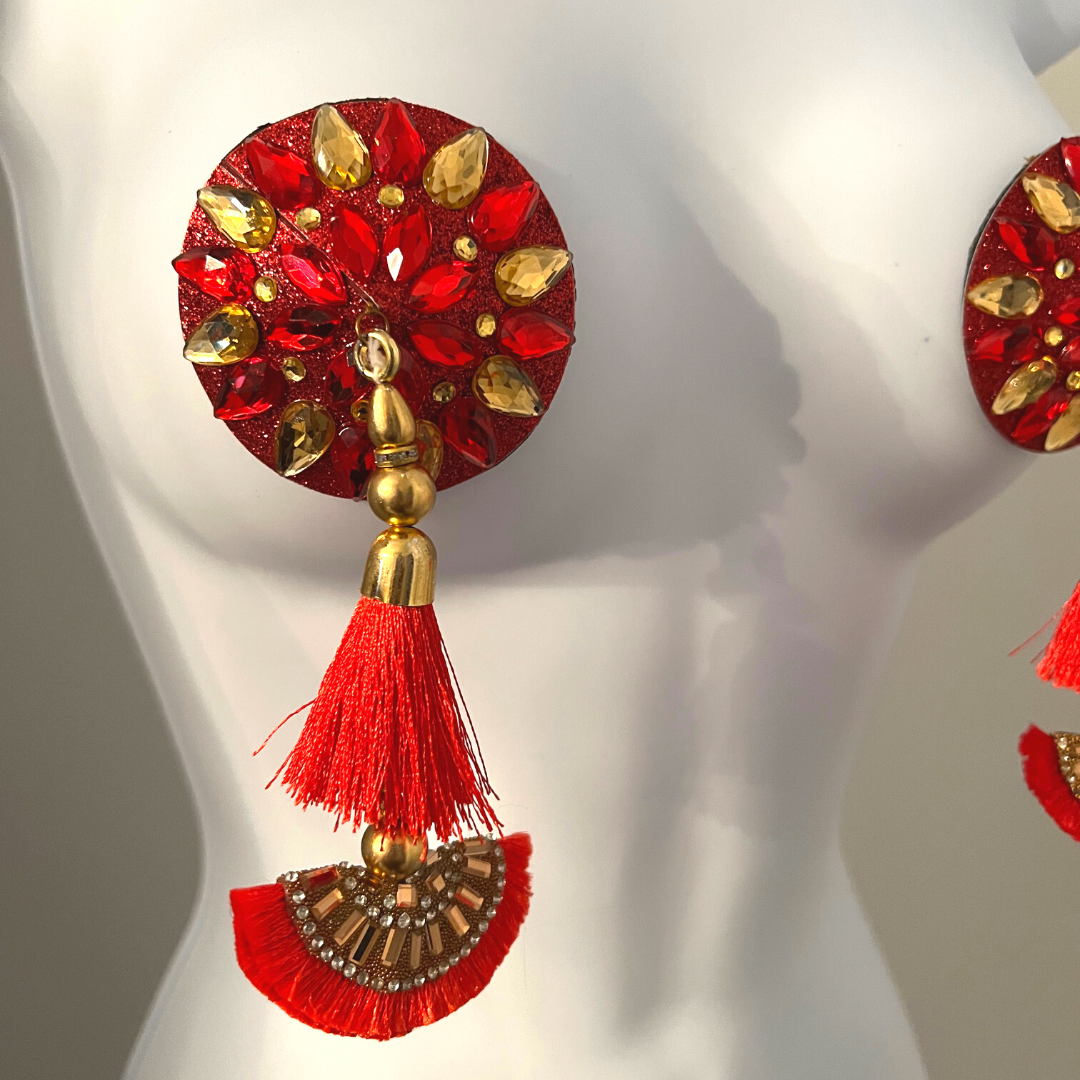 LUNA ROSA Red & Gold Intricate Nipple Pasties Covers with Stunning Tas