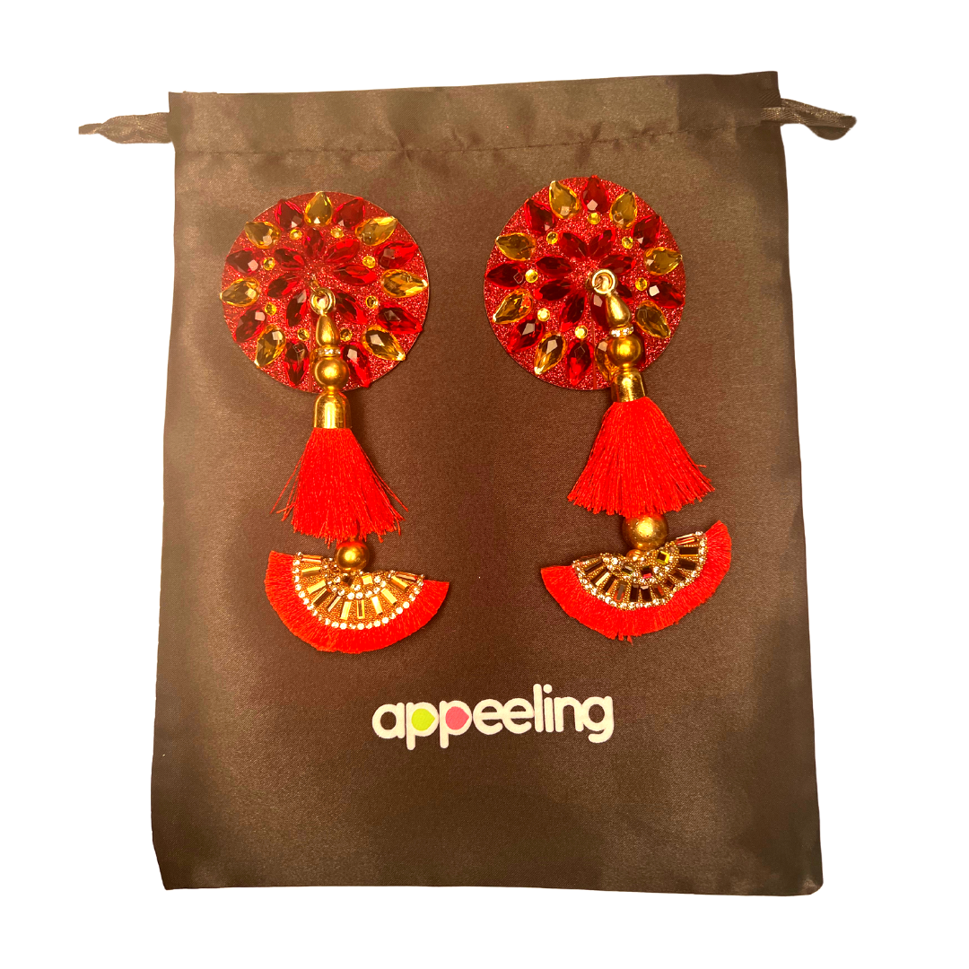 LUNA ROSA Cache-tétons complexes rouges et dorés avec de superbes pompons (2 pièces) pour les raves burlesques, les raves et les festivals de lingerie