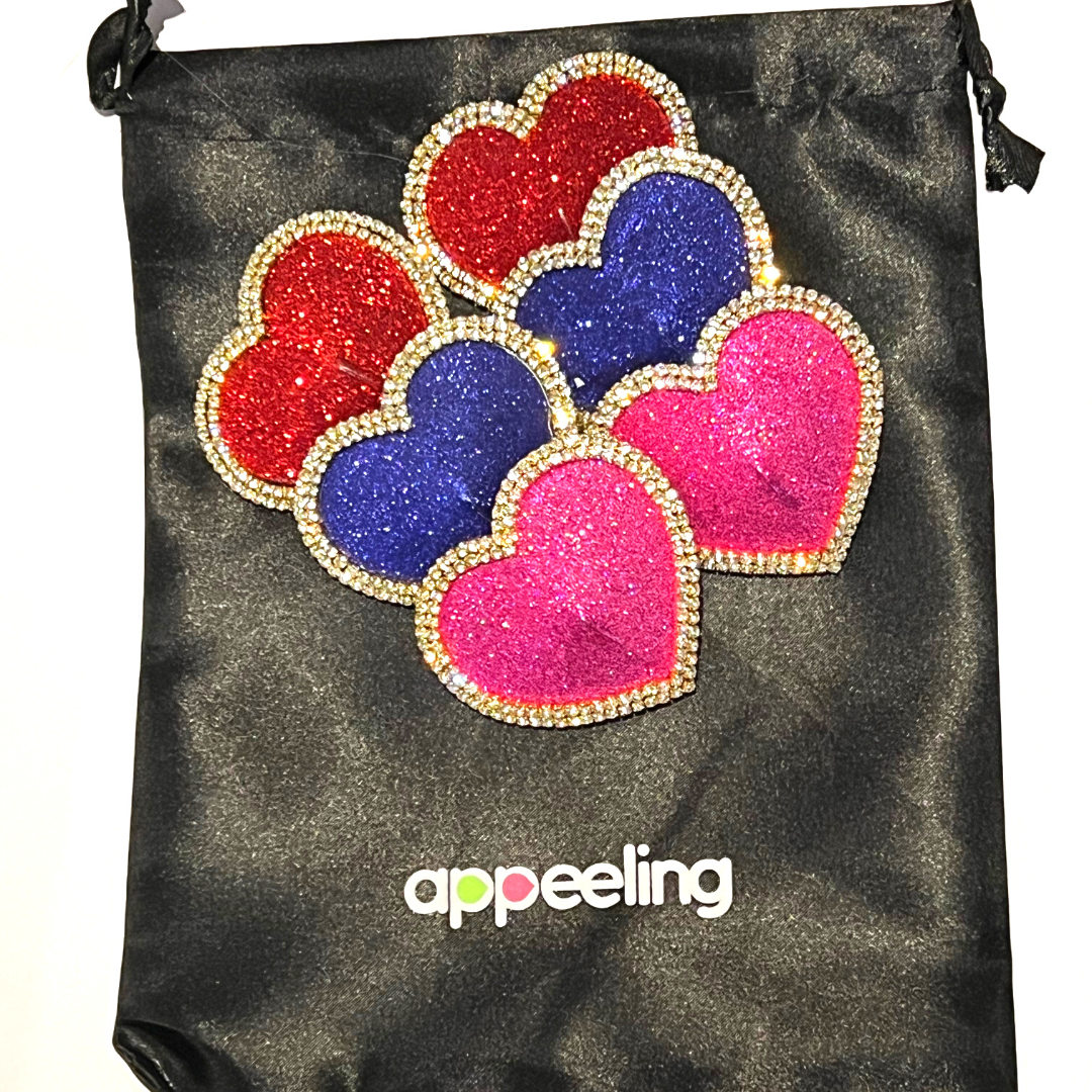MON CHERIE Red, Pink, Green or Blue Glitter Heart and Rhinestone Nipple Pasty, Covers (2pcs) for Burlesque Lingerie Raves and Festivals