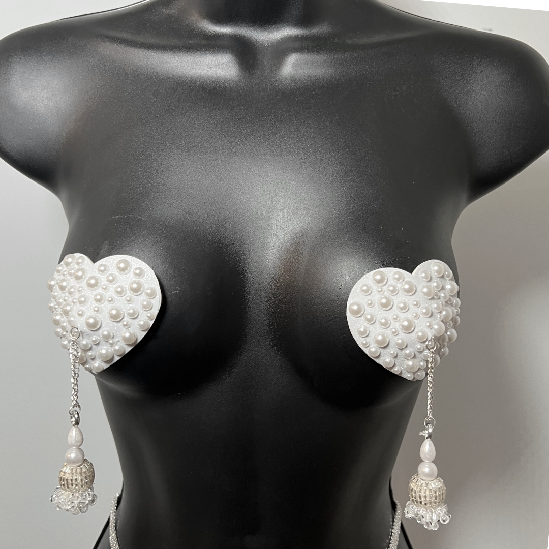 PEACHES O'DAY Scattered Pearl Heart Nipple Pasty, Covers (2pcs) with beaded tassels for Burlesque Lingerie Raves and Festivals