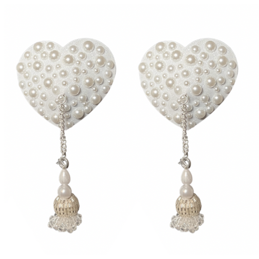 PEACHES O'DAY Pastel de pezón de corazón de perlas dispersas, cubiertas (2 piezas) con borlas de cuentas para raves y festivales de lencería burlesca