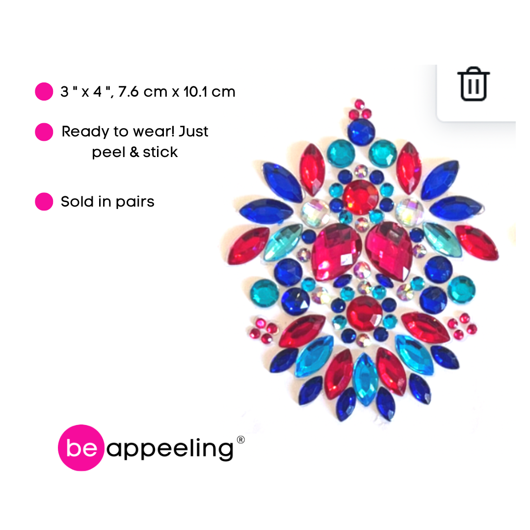 YUMI Pastel de pezón con diseño intrincado de gema rosa, azul y turquesa, cubierta (2 piezas) para festivales de lencería, carnaval, burlesque, rave