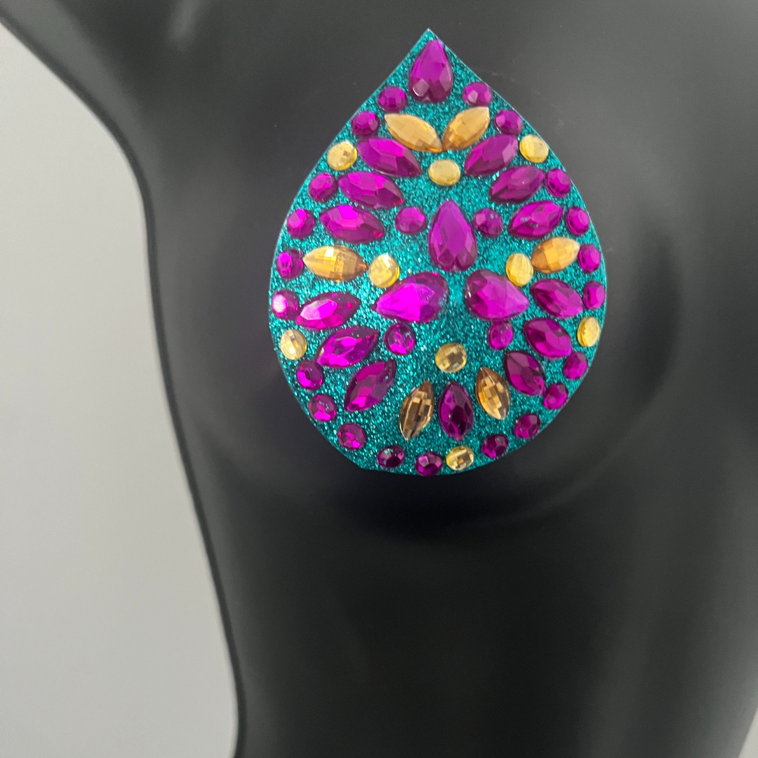 THE EMPIRE Aqua Glitter et Purple, Yellow &amp; Iridescent Teardrop Nipple Pasty, Couverture pour les festivals de lingerie Carnival Burlesque Rave