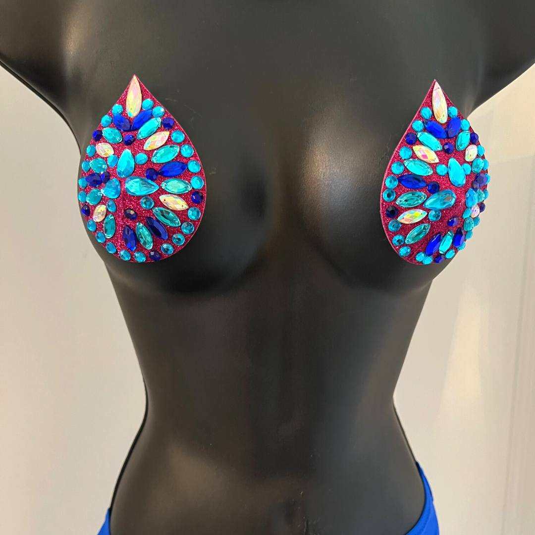 MAGNA CARTA Purple Glitter and Blue, Turquoise & Iridescent Teardrop Nipple Pasty, Cover for Lingerie Festivals Carnival Burlesque Rave