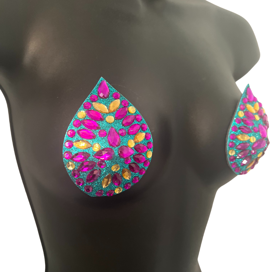 THE EMPIRE Aqua Glitter et Purple, Yellow &amp; Iridescent Teardrop Nipple Pasty, Couverture pour les festivals de lingerie Carnival Burlesque Rave