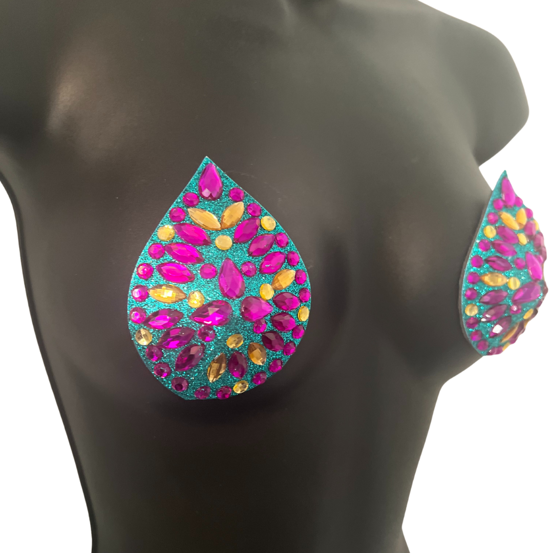 THE EMPIRE Aqua Glitter and Purple, Yellow & Iridescent Teardrop Nipple Pasty, Cover for Lingerie Festivals Carnival Burlesque Rave