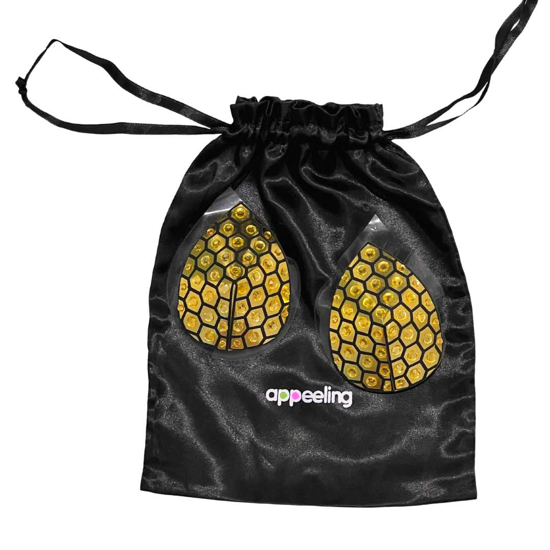 HONEYCOMB Gold Foil &amp; Crystal Nipple Pasties, Couvertures pour festivals, Carnival Raves Burlesque Lingerie