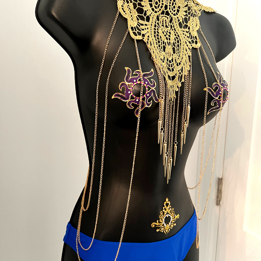 GOLDEN GODDESS Gold Lace & Gold Body Chains / Body Jewelry for Lingerie Rave Burlesque Festivals