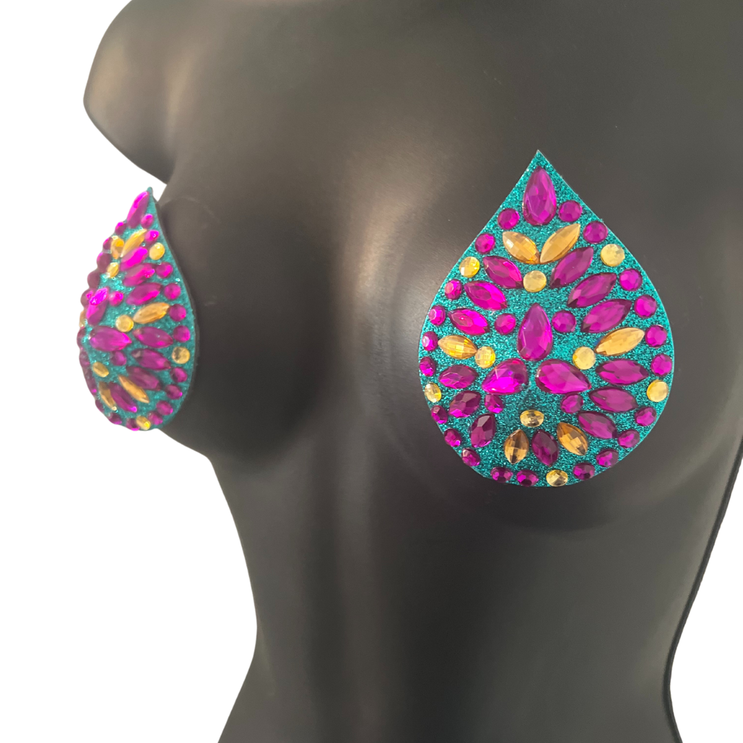 THE EMPIRE Aqua Glitter et Purple, Yellow &amp; Iridescent Teardrop Nipple Pasty, Couverture pour les festivals de lingerie Carnival Burlesque Rave