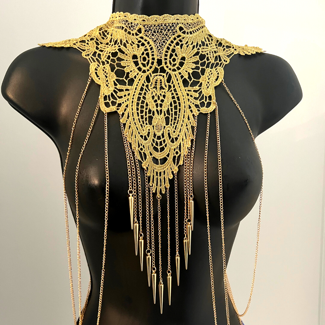 GOLDEN GODDESS Gold Lace & Gold Body Chains / Body Jewelry for Lingerie Rave Burlesque Festivals