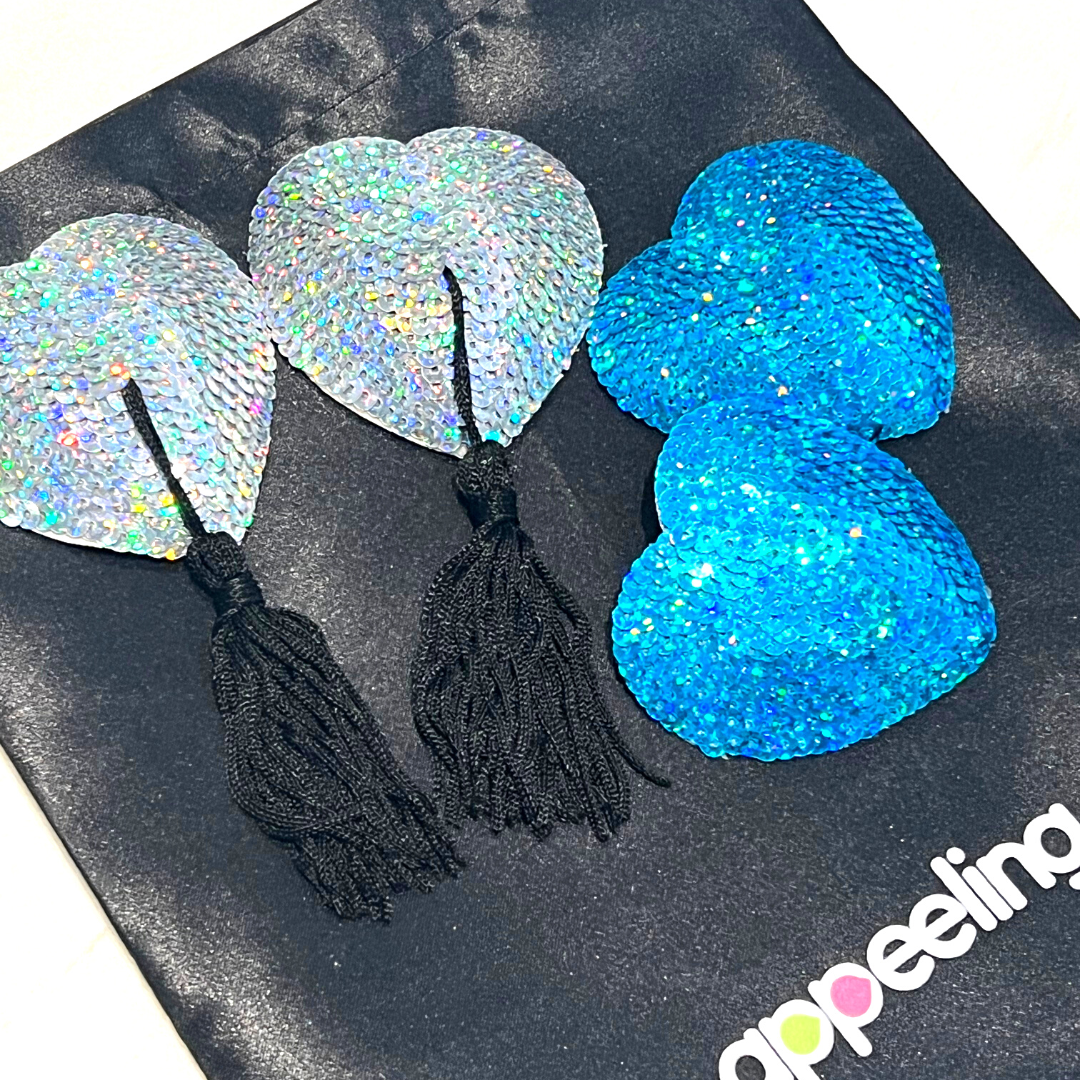 BLUE ICE 2 Pairs of Reusable Sequin Heart Nipple Pasties, Covers Tassels (4pcs) for Burlesque Raves Lingerie and Festivals