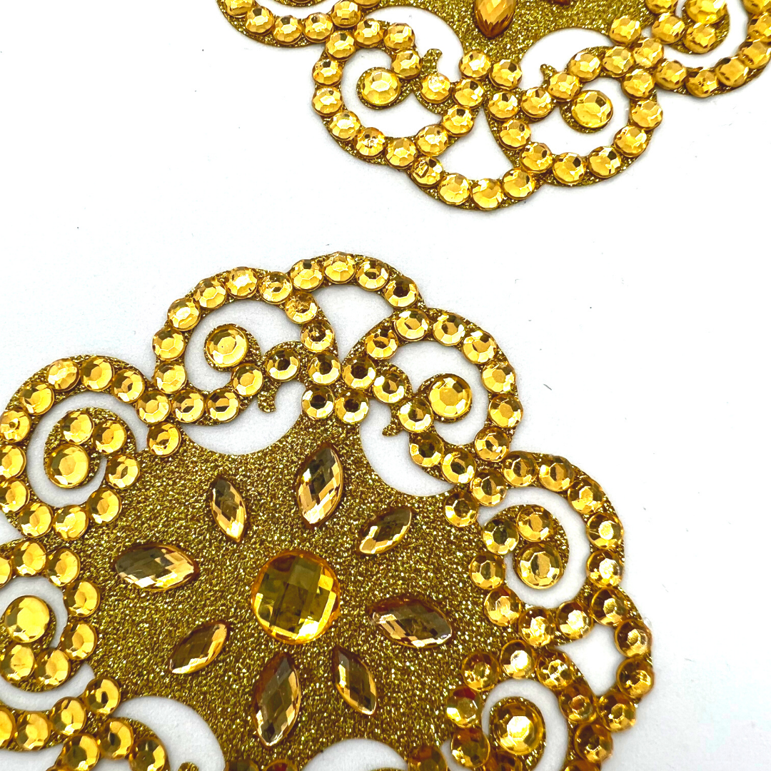 VERSALLES Brillo dorado, negro o rojo o diseño intrincado de cristal (2 piezas) con empanadas de pezones doradas, cubiertas para festivales Rave Burlesque Lingerie
