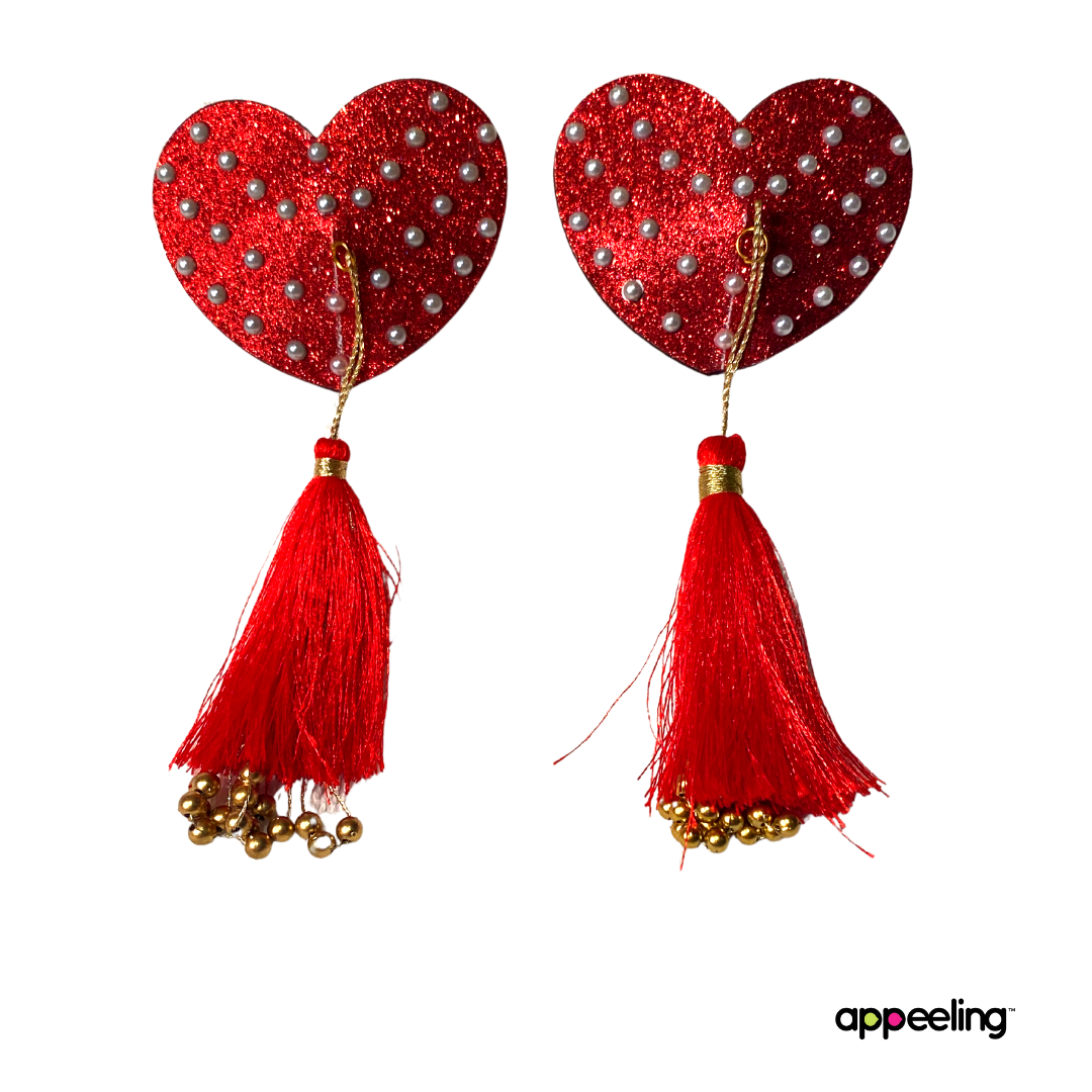 Fanny Valentine Glitter Hearts and Pearl Pasties con borlas (2 piezas) para lencería, festivales burlescos