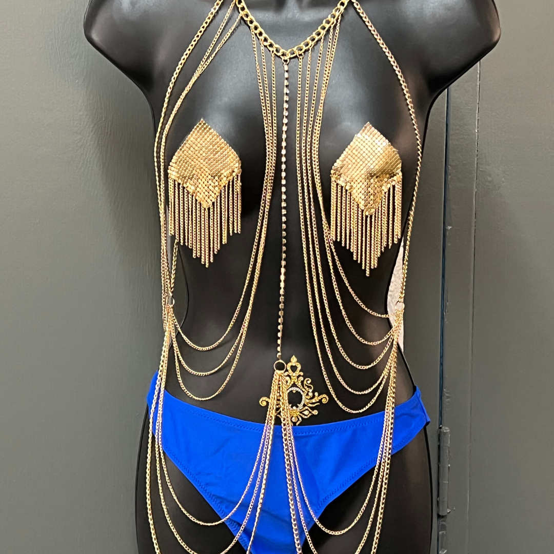 TEMPTRESS Gold & Rhinestone Body Chains / Body Jewelry for Lingerie Rave Burlesque Festivals