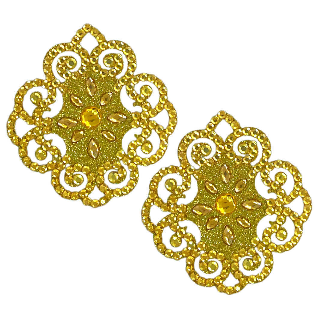 VERSAILLES Glitter & Crystal Intricate Design Gold Nipple Pasties, Covers for Festivals, Carnival Raves Burlesque Lingerie