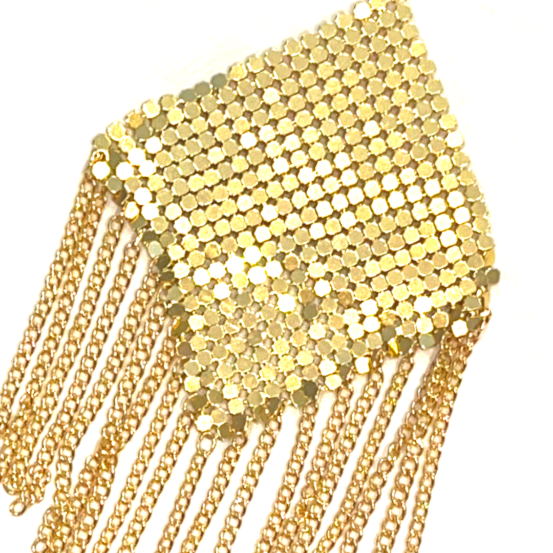 YVONNE Pâte à tétons en maille dorée et chaîne avec pampilles, couverture pour les festivals de lingerie, carnaval, burlesque rave