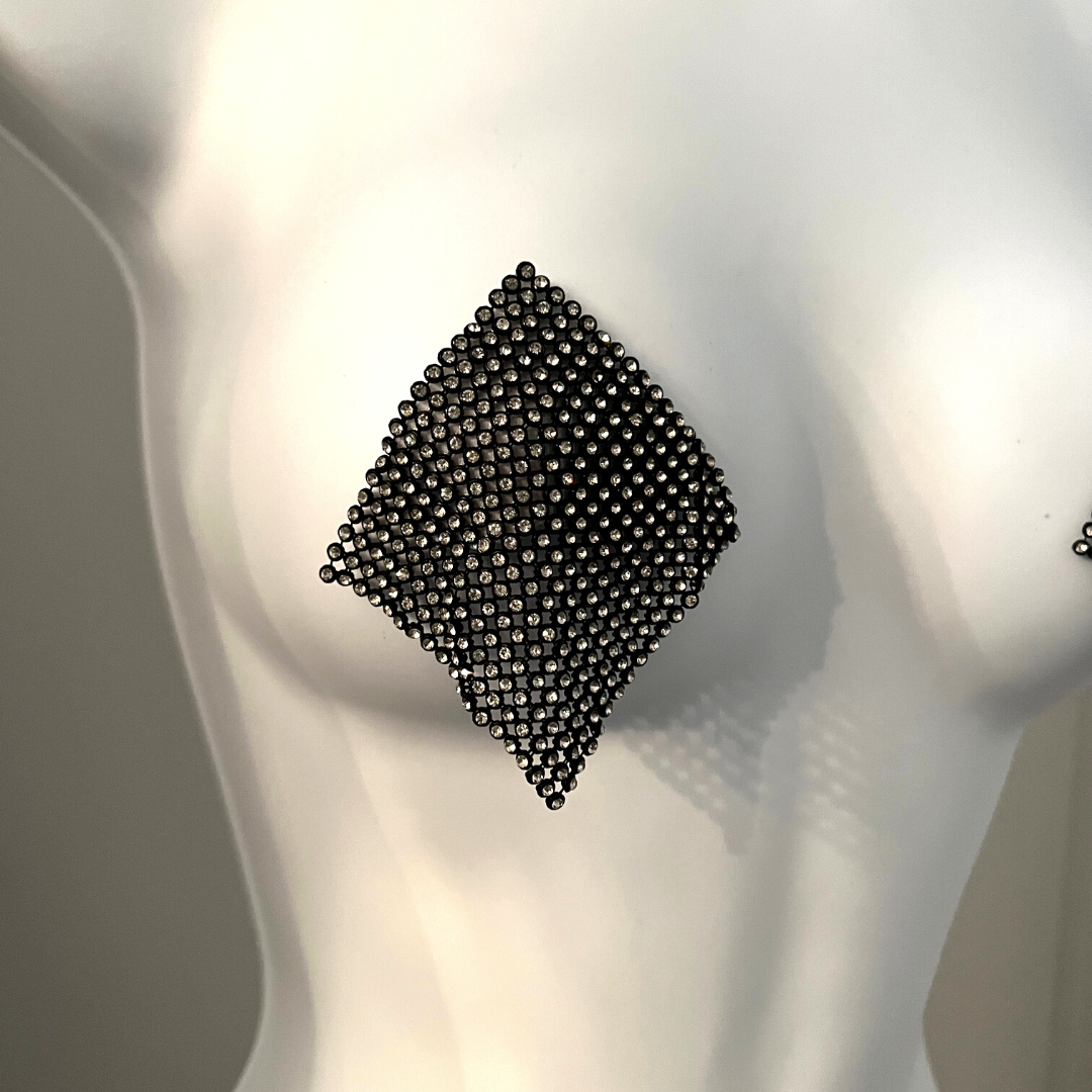 HOT MESH Maille noire et strass Nipple Pasty, Couverture pour les festivals de lingerie Carnaval Burlesque Rave