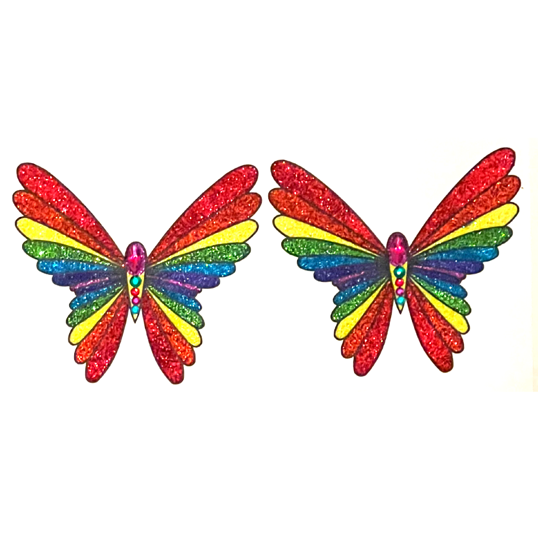PRIDE BUTTERFLY- Rainbow Glitter and Gem Nipple Pasties, Covers (2pcs) for Festivals Rave Burlesque Lingerie