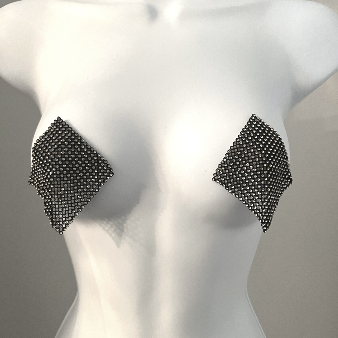 HOT MESH Maille noire et strass Nipple Pasty, Couverture pour les festivals de lingerie Carnaval Burlesque Rave