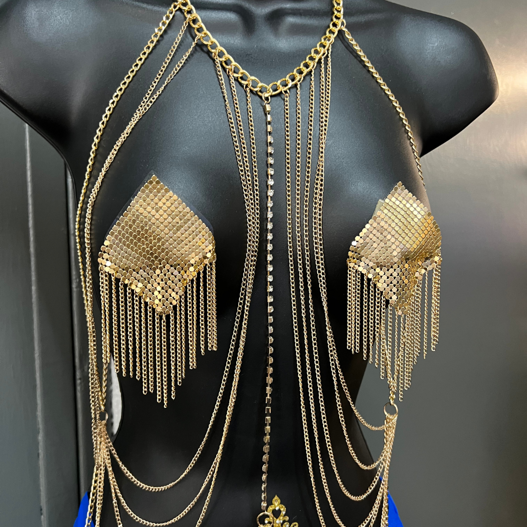 YVONNE Gold Mesh & Chain Tassel Nipple Pasty, Cover for Lingerie Festivals Carnival Burlesque Rave
