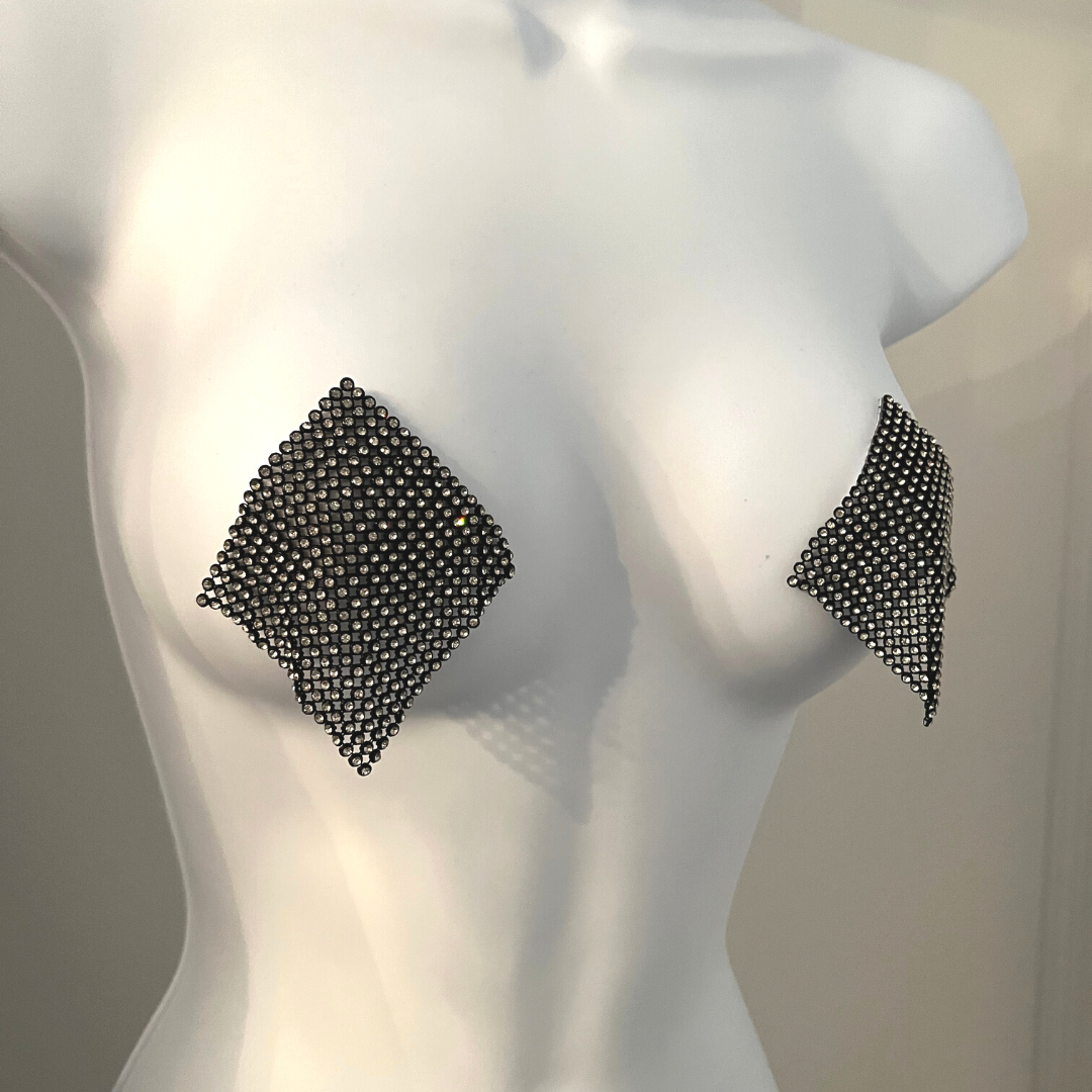 HOT MESH Maille noire et strass Nipple Pasty, Couverture pour les festivals de lingerie Carnaval Burlesque Rave