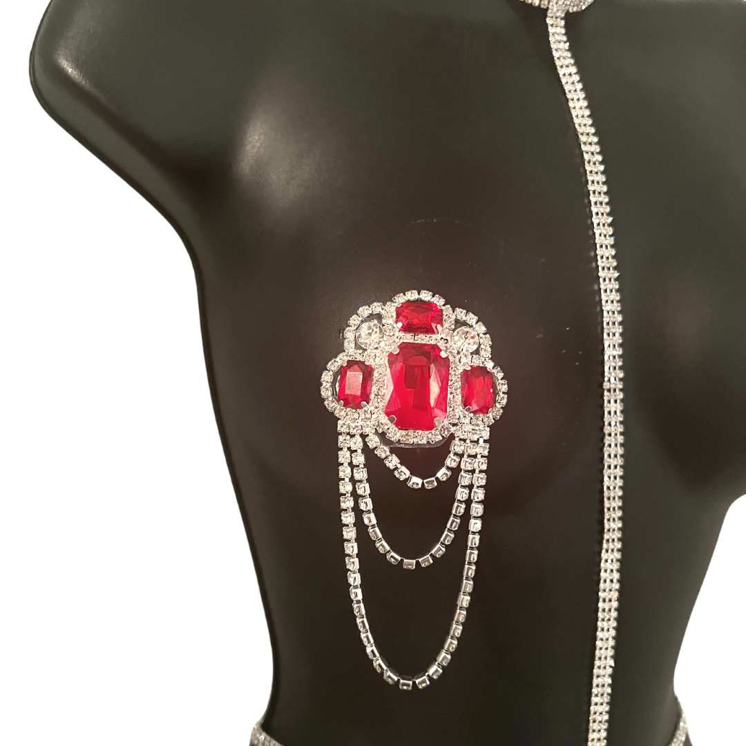 GIGI DIVINE - Ruby & Rhinestone Nipple Pasties, Covers (2pcs) for Festivals, Carnival Raves Burlesque Lingerie