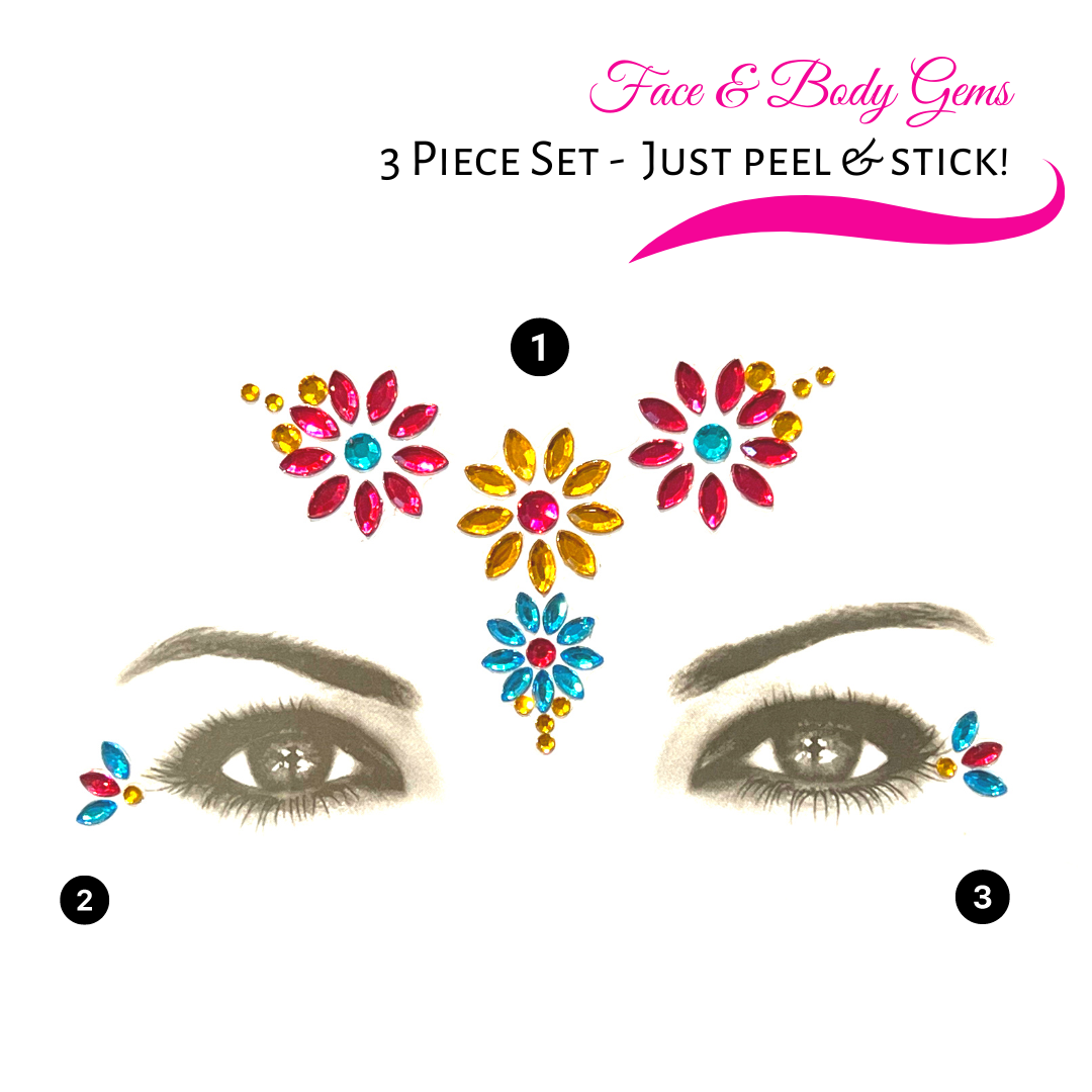 Floral (Pink, Yellow & Blue) Flower Face and Body Gems - Self Stick and Easy to Wear