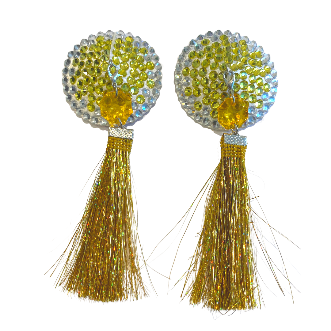 Goldfinger Gold Crystal Pasties (2 piezas), cubiertas para pezones con borlas para burlesque, festivales Raves de lencería