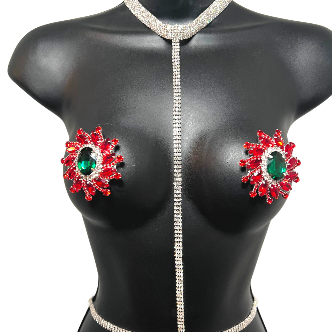 MISTLETOE - Ruby Emerald & Rhinestone Nipple Pasties, Covers (2pcs) for Festivals, Carnival Raves Burlesque Lingerie