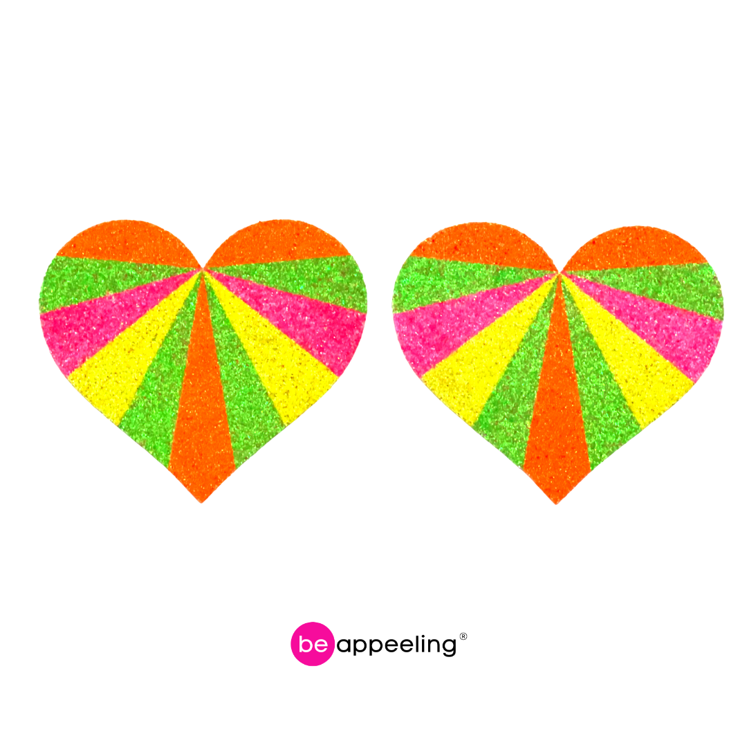 KARMA CHAMELEON Rainbow or NEON Glitter Hearts Nipple Pasties, Covers (2pcs) for Festivals Rave Burlesque Lingerie