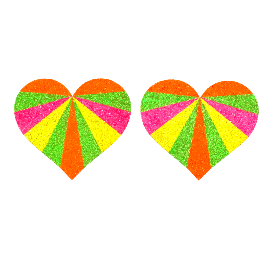 KARMA CHAMELEON Rainbow ou NEON Glitter Hearts Nipple Pasties, Covers (2pcs) pour Festivals Rave Burlesque Lingerie