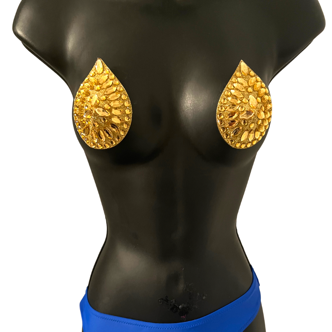 MIDAS Glitter and Gem GOLD Teardrop Nipple Pasty, Cover (2 pcs) for Lingerie Festivals Carnival Burlesque Rave