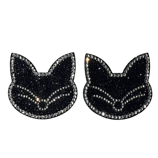 2CATS Gatos con purpurina negra con gemas, pezones, fundas (2 unidades) para burlesque Raves, lencería, raves y festivales