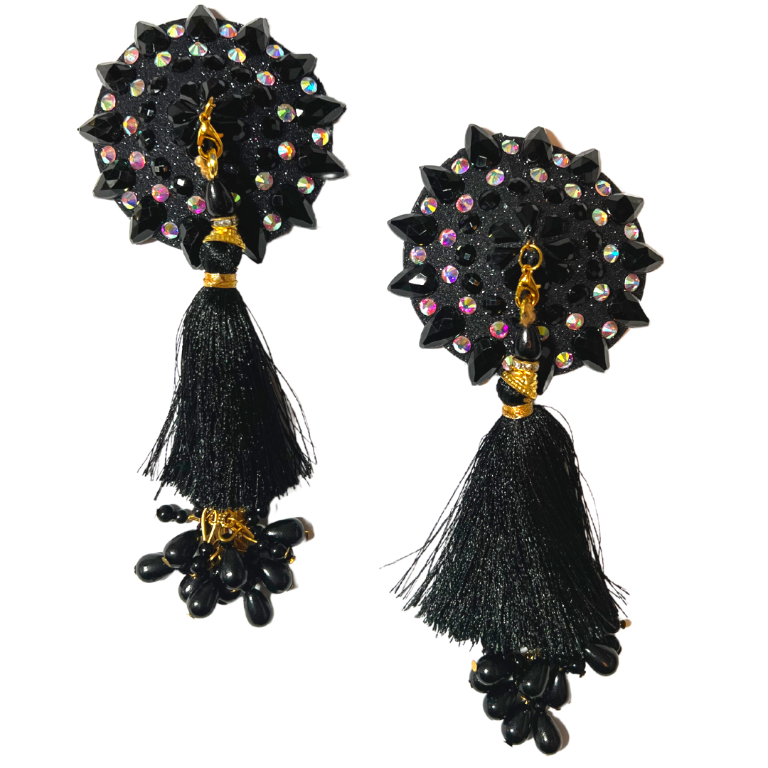 POUSSÉ CAFÉ Black & Crystal Nipple Pasty, Nipple Cover (2pcs) with Beaded Tassels for Lingerie Festivals Carnival Burlesque Rave