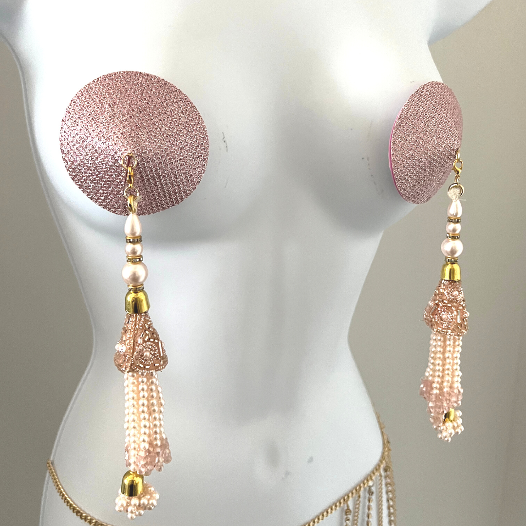ROSÉ ALL DAY Light Pink Foil & Nipple Pasties, Covers with Hand Beaded Pearl and Gem Tassels (2pcs) Burlesque Lingerie Raves and Festivals