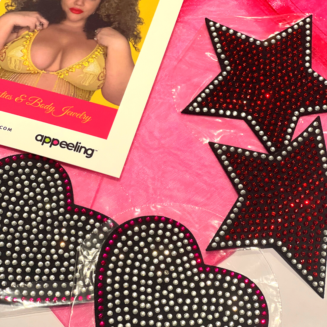 ROCK STAR BUNDLE - 2 Pairs of Reusable Crystal Heart Nipple Pasties, Covers (4pcs) for Burlesque Raves Lingerie and Festivals – SALE